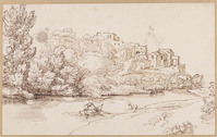K VI 066
<br/>
Dorpje op heuvel aan rivier met roeier
<br/>
<em>Onofri, Crescenzio (1634-1714)</em>